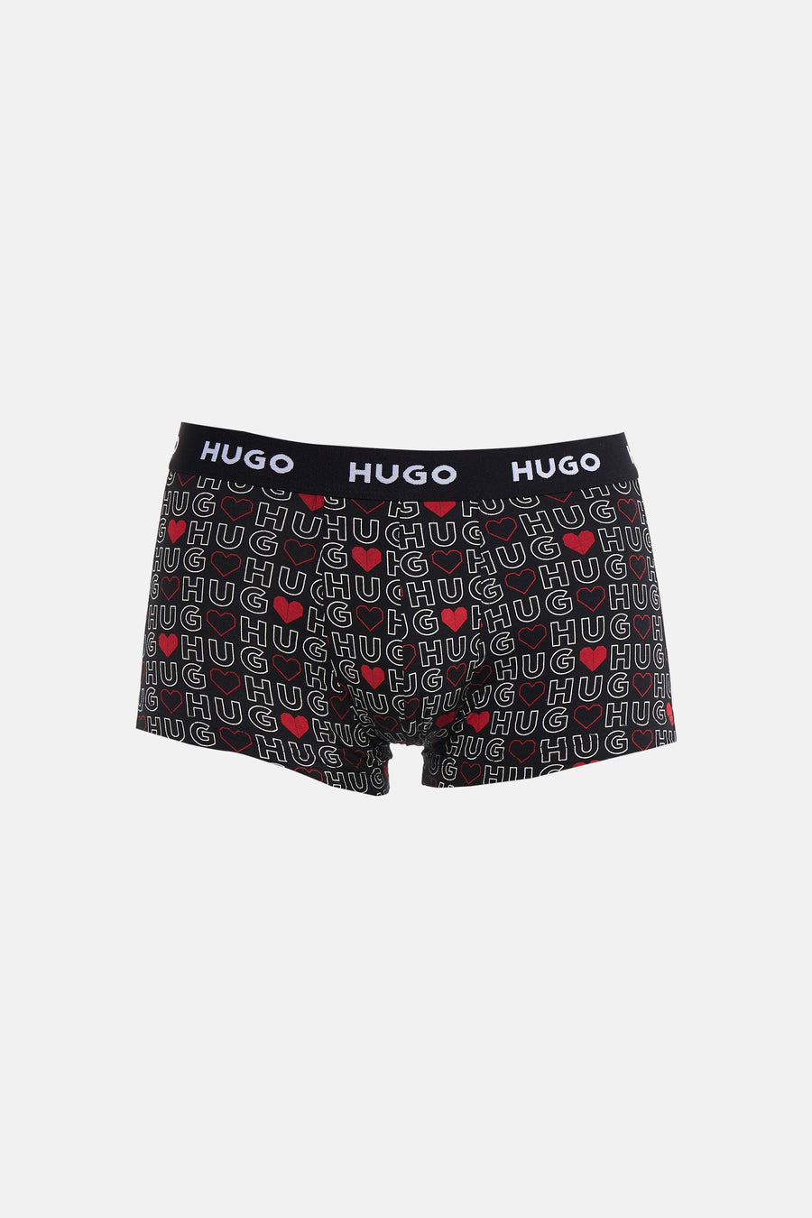 Boxer multicolore de HUGO, avec motif "HUG" répété et cœurs rouges sur tout le boxer.