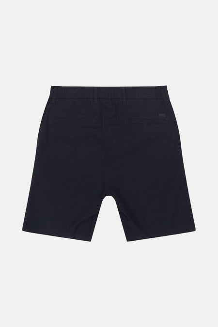 Short bleu HUGO BOSS ORANGE, avec poches arrière et taille élastique, vu de l'arrière.