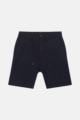 Blauwe short van HUGO BOSS ORANGE, met trekkoord en knoopsluiting, op een witte achtergrond.
