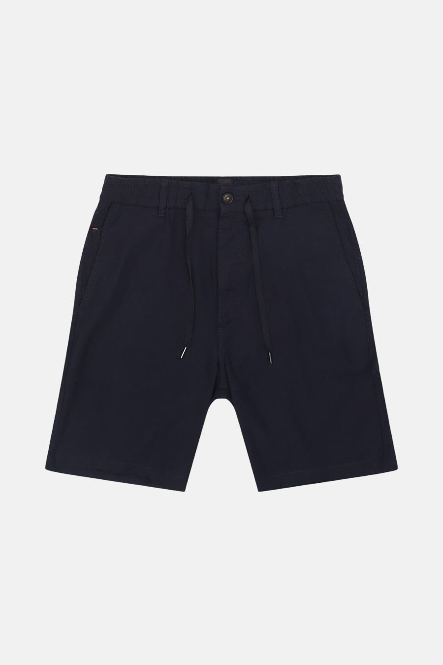 Blauwe short van HUGO BOSS ORANGE, met trekkoord en knoopsluiting, op een witte achtergrond.
