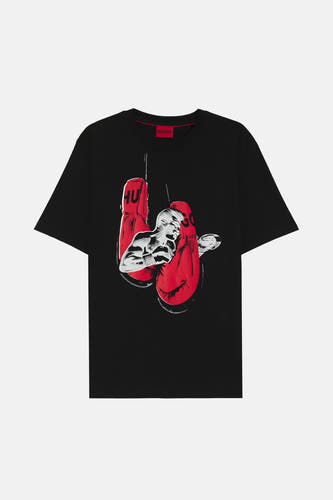 T-shirt noir à manches courtes de HUGO, avec une impression graphique de gants de boxe en première place.