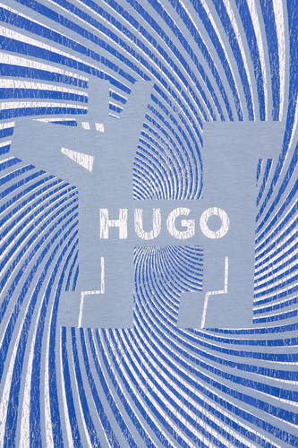 T-shirt bleu avec manches courtes de HUGO BLUE, avec un motif spiralé graphique en bleu et blanc.