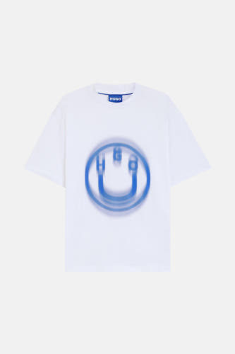 T-shirt blanc à manches courtes de HUGO avec imprimé smiley bleu sur l'avant.