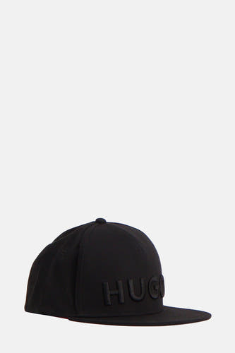 Chapeau noir HUGO avec le nom de marque brodé sur l'avant et une visière plate.