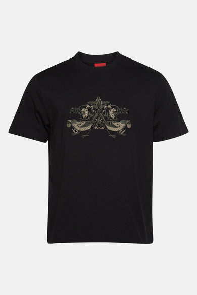 T-shirt noir à manches courtes de HUGO, avec broderie d'oiseau sur la partie avant.