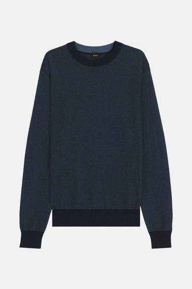 T-shirt bleu avec col rond de HUGO BOSS, doté d'un motif subtil et de bordures sombres.