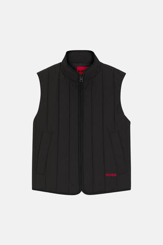 Body sans manches noir de HUGO, avec surpiqûres verticales et le logo rouge en bas.