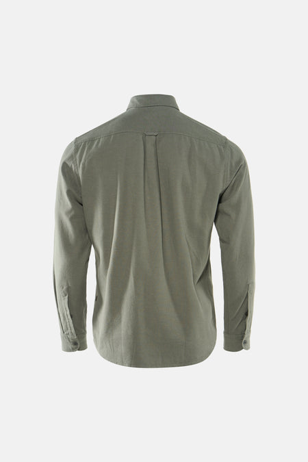 Chemise grise à manches longues HUGO BOSS ORANGE, vue de dos, avec plis et poignets boutonnés.