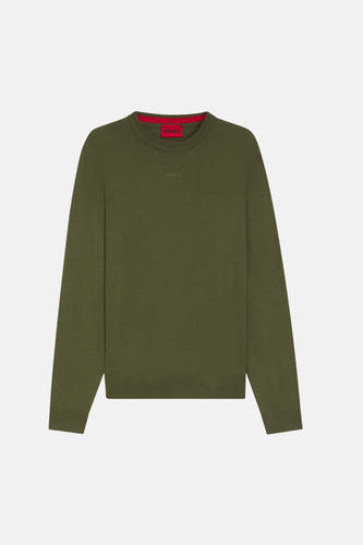 Pull vert avec col rond de HUGO, avec logo discret sur la poitrine et accents rouges dans le col.