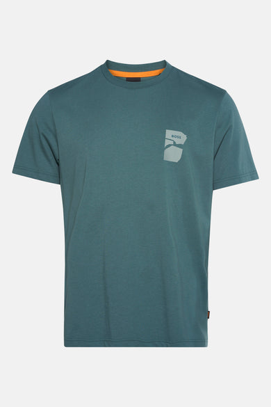 T-shirt vert avec manches courtes de HUGO BOSS ORANGE, doté d'une impression graphique sur la poitrine.