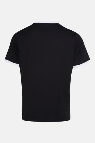 T-shirt noir à manches courtes de HUGO, avec un col et des manches blancs, dos nu.