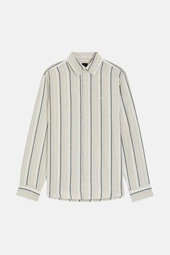 Chemise beige à manches longues HUGO BOSS ORANGE, rayée avec des accents gris et un col classique.