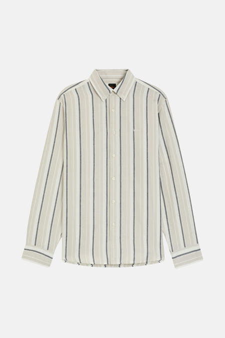 Chemise beige à manches longues HUGO BOSS ORANGE, rayée avec des accents gris et un col classique.