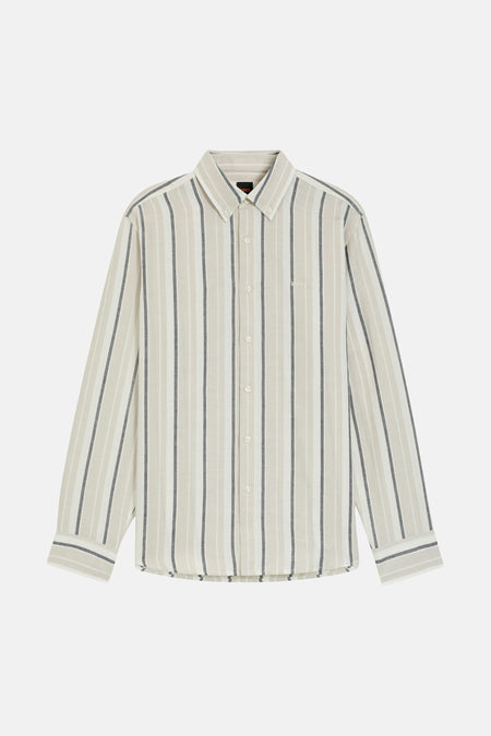Chemise beige à manches longues HUGO BOSS ORANGE, rayée avec des accents gris et un col classique.