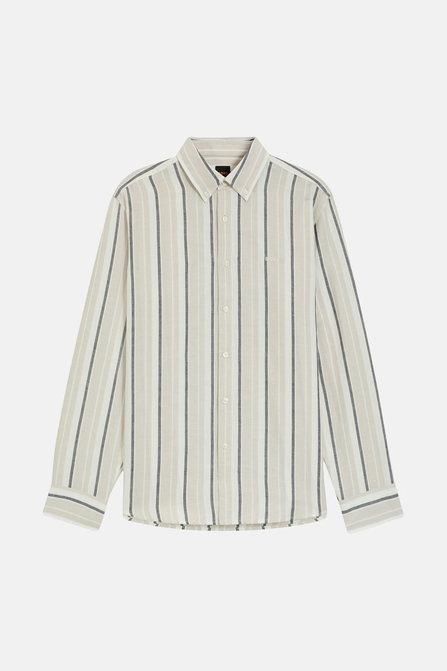 Chemise beige à manches longues HUGO BOSS ORANGE, rayée avec des accents gris et un col classique.