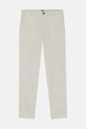 Chino en lin beige de HUGO BOSS ORANGE, gros plan avec fermeture à boutons, passants de ceinture et une poche latérale.