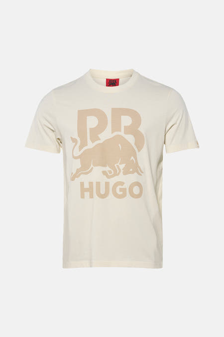 T-shirt écru à manches courtes de HUGO avec un imprimé graphique d'un taureau et du texte.