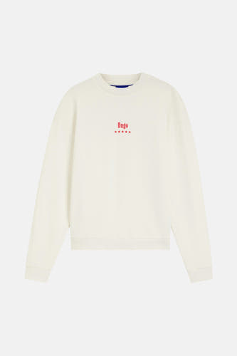 Pull blanc à col rond de HUGO BLUE, avec un logo brodé et des étoiles rouges sur la poitrine.