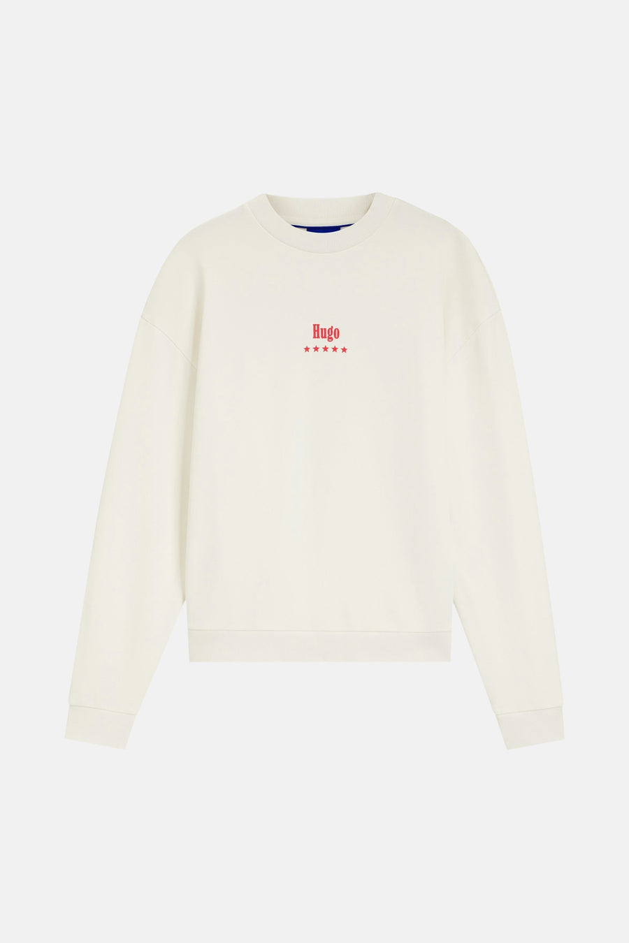 Pull blanc à col rond de HUGO BLUE, avec un logo brodé et des étoiles rouges sur la poitrine.