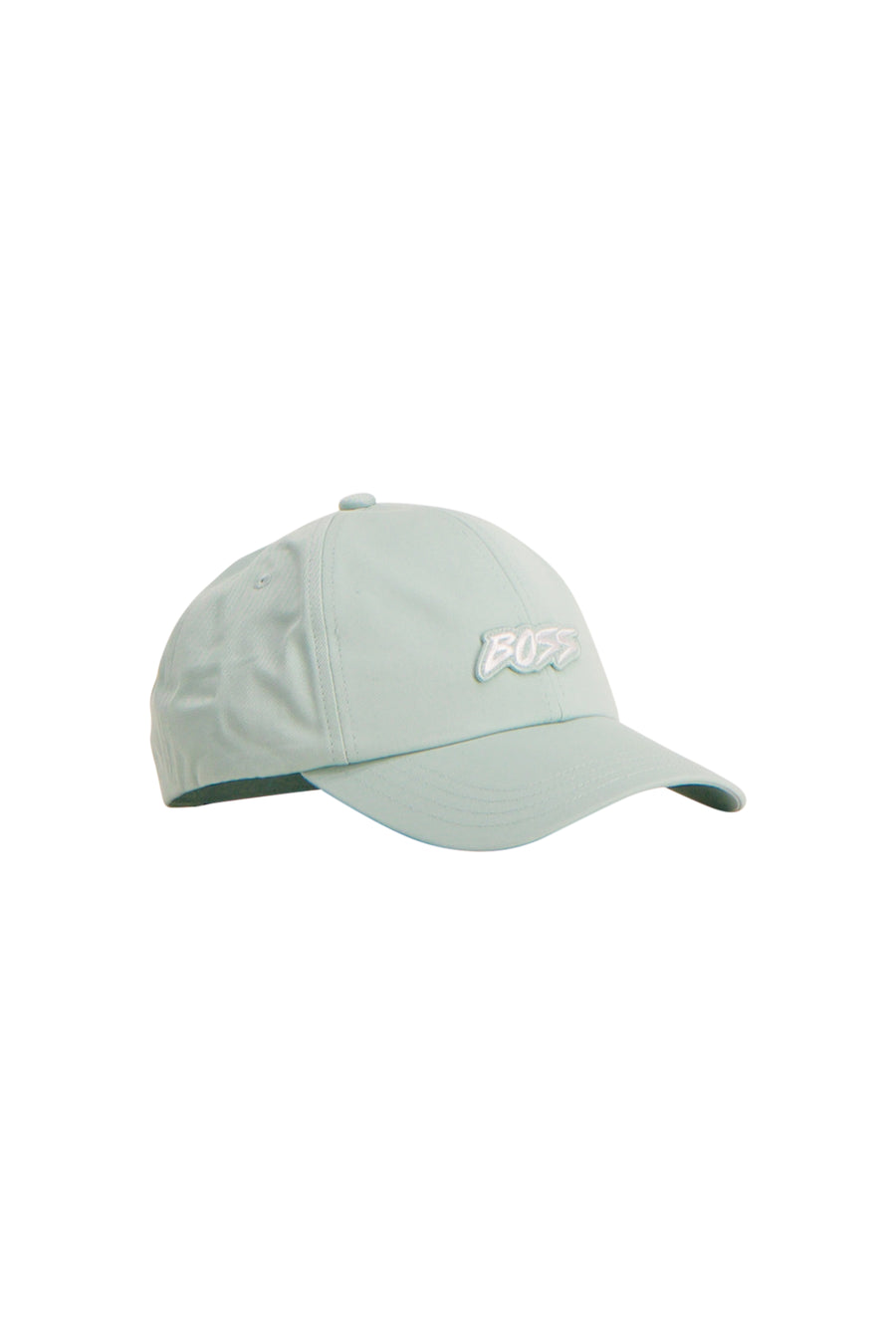 Casquette vert clair de HUGO BOSS ORANGE avec logo BOSS brodé sur le devant, vue latérale.