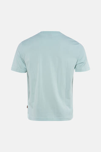 T-shirt turquoise à manches courtes de HUGO BOSS ORANGE, uni et vu de dos, avec petite étiquette à l'ourlet.