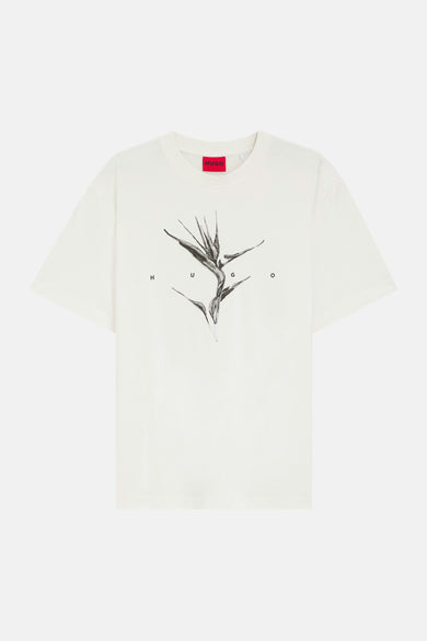 Witte korte mouw T-shirt van HUGO met zwart plantmotief en letters rond het ontwerp, front view