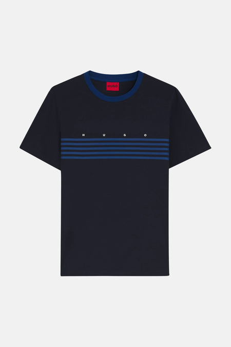 Donkerblauwe korte mouwen T-shirt van HUGO met blauwe strepen en witte letters op borst, ronde hals met blauwe bies
