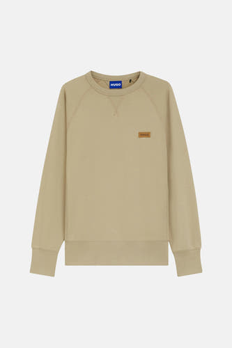 Beige ronde hals sweater van HUGO BLUE met klein logo op borst, ribboorden aan zoom en mouwen, front view