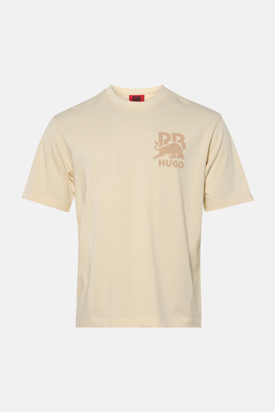 T-shirt écru à manches courtes de HUGO, avec imprimé graphique de taureau de couleur sable sur la poitrine.