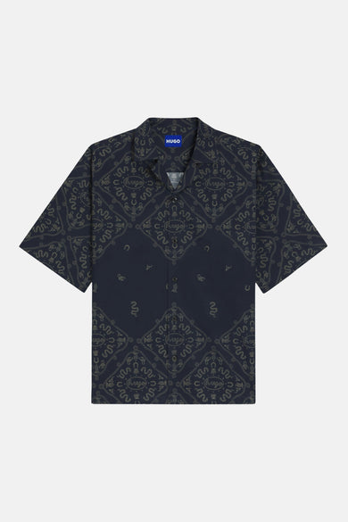 Blauw korte mouwen overhemd van HUGO BLUE met herhalend logo en slangpatroon, front view