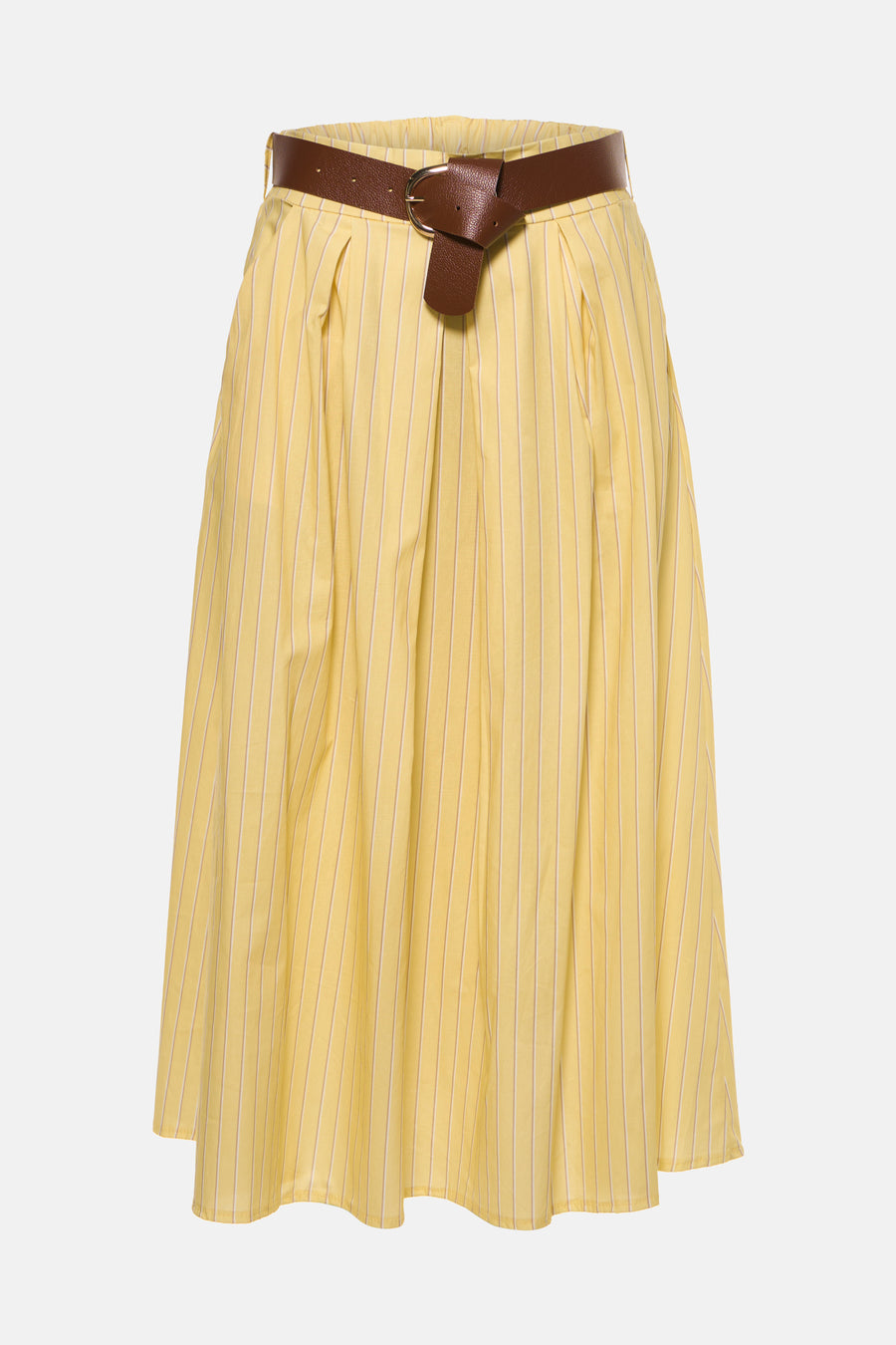 Jupe rayée jaune de Terra di Siena avec plis et une large ceinture marron.