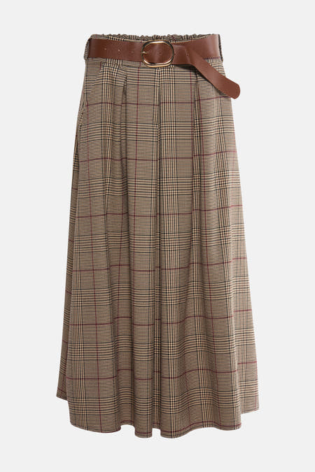Jupe multicolore 3/4 de Terra di Siena, avec une ceinture brune et une boucle dorée.