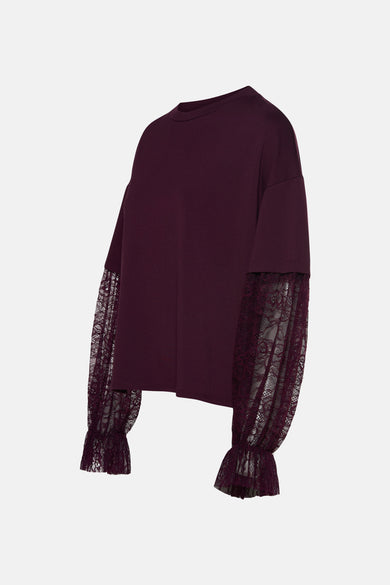 Gilet de Bordeaux de Terra di Siena avec des manches longues en coton de couleur Bordeaux et des plis.