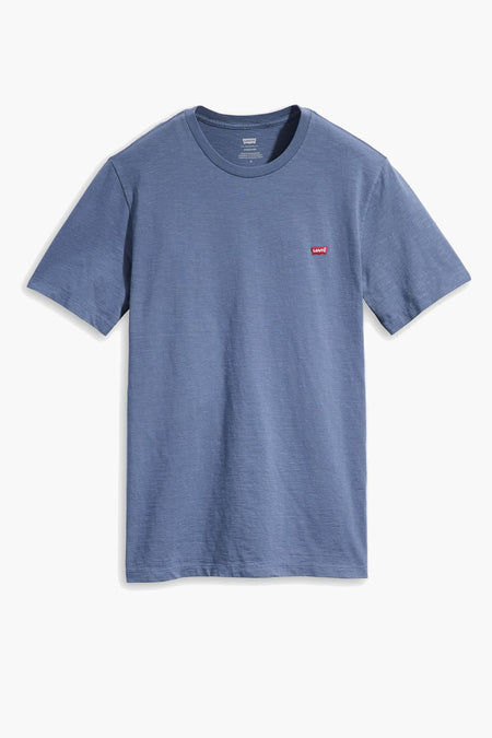 T-shirt bleu à manches courtes Levi's® avec col rond et petite étiquette rouge sur la poitrine, texture rayée, vue de face