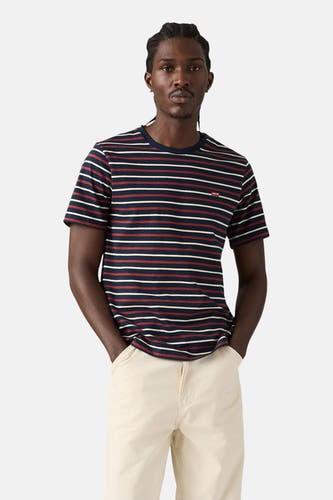 T-shirt à manches courtes rayé bleu de Levi's®, avec des rayures rouges et blanches et un logo sur la poitrine.