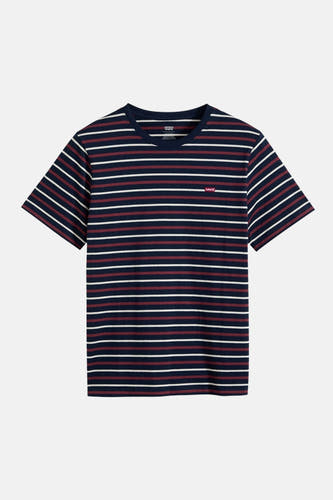 T-shirt bleu à manches courtes de Levi's®, avec un motif rayé rouge et blanc.