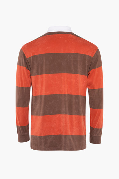 Polo rouge à longues manches de Karl Kani, avec un motif rayé brun et rouge.
