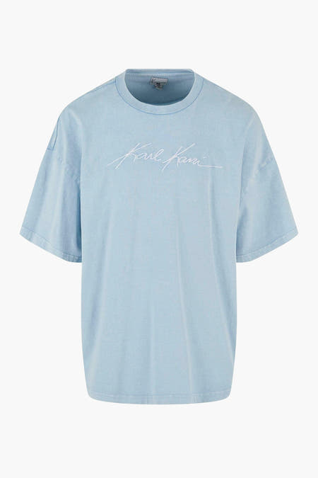 T-shirt bleu à manches courtes de Karl Kani, avec logo brodé sur la devant.