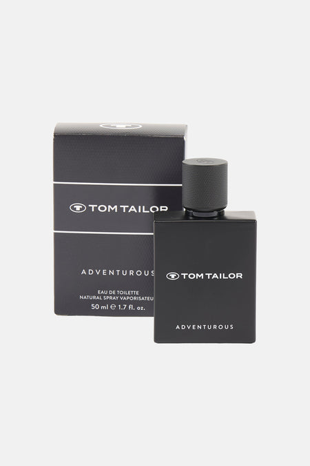 Parfum noir de Tom Tailor, avec sa boîte assortie sur fond uni.
