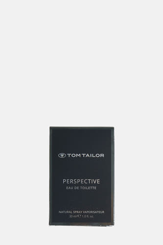 Parfum noir "Perspective" de Tom Tailor, dans une boîte avec des détails argentés.