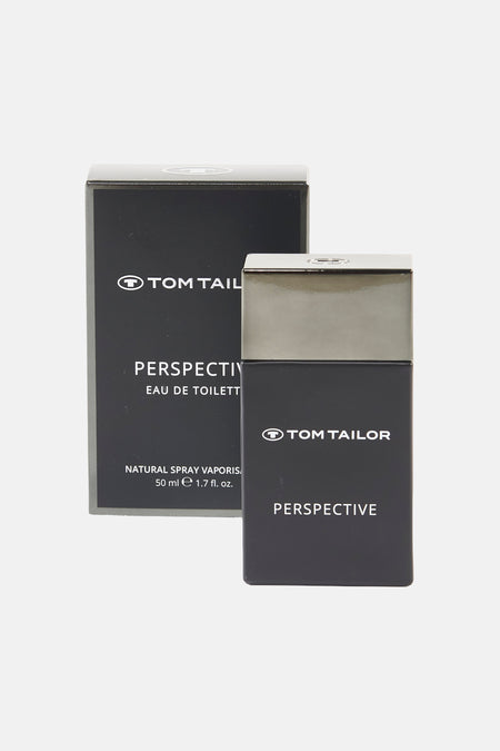 Parfum multicolore de TOM TAILOR, avec bouchon argenté et flacon noir avec logo de la marque sur le devant.