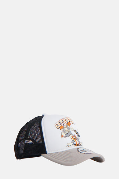 Casquette multicolore de New Era avec des illustrations de Tom et Jerry et une visière grise.