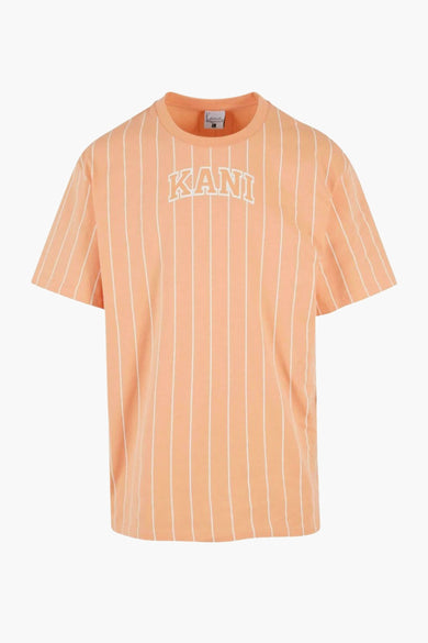 T-shirt orange à manches courtes de Karl Kani, avec des rayures verticales blanches et un logo KANI.