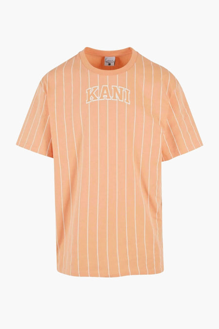 T-shirt orange à manches courtes de Karl Kani, avec des rayures verticales blanches et un logo KANI.