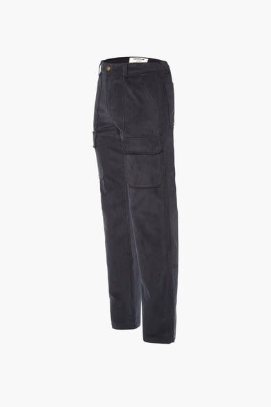 Blauwe cargobroek van CATERPILLAR, met corduroy textuur en zakken op de zijkant.