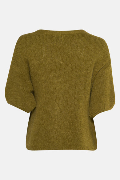 Cardigan vert de Terra di Siena, avec des manches courtes et une fine structure en bretelles.