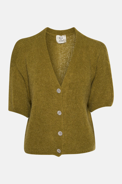 Veste verte Terra di Siena avec des manches courtes et des boutons décoratifs.