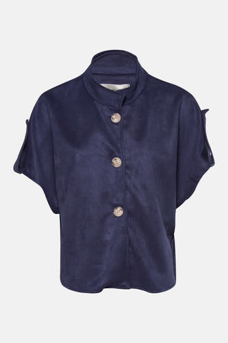 Gilet bleu de Terra di Siena avec col montant, trois boutons ronds marron clair et manches courtes et ouvertes.