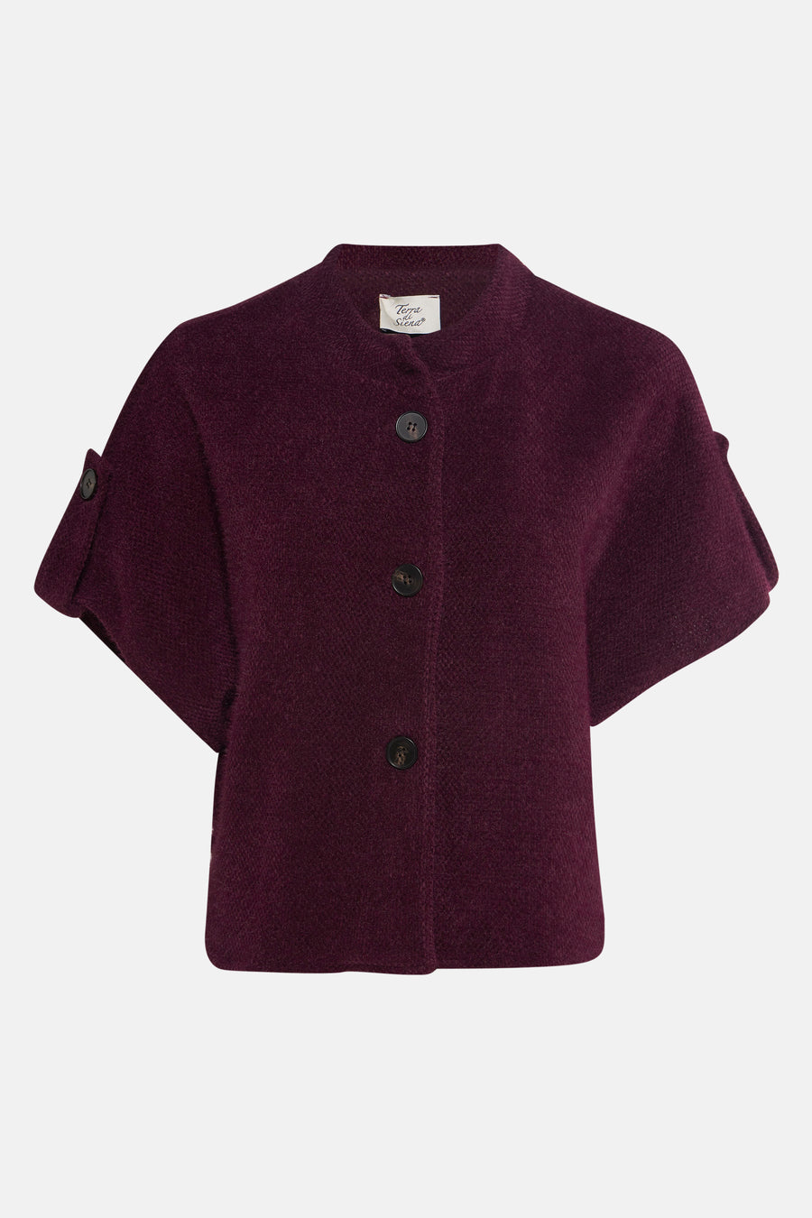 Veste Bordeaux de Terra di Siena, avec des manches courtes à détail de bouton et fermeture à boutons.