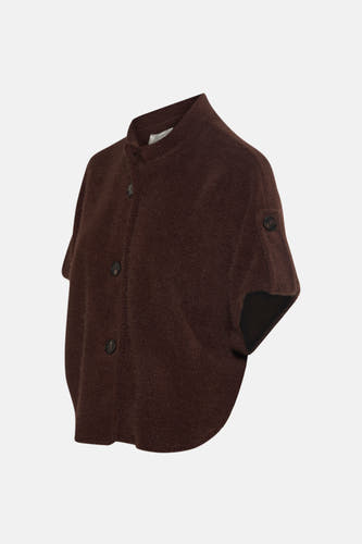 Veste brune de Terra di Siena, texture tissée avec fermeture à boutons et manches courtes.